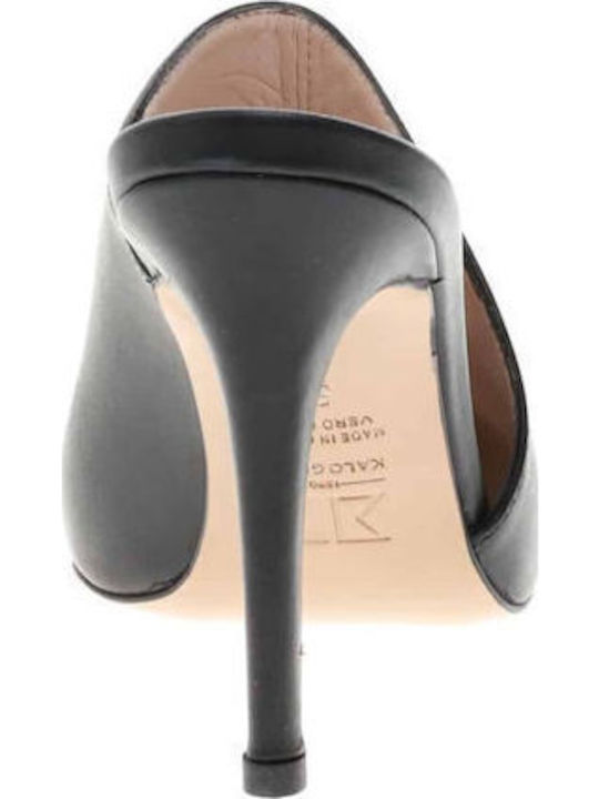 Leather Mules with High Heel in Black Color