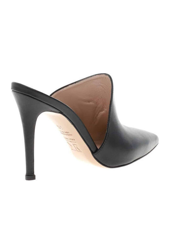 Leather Mules with High Heel in Black Color