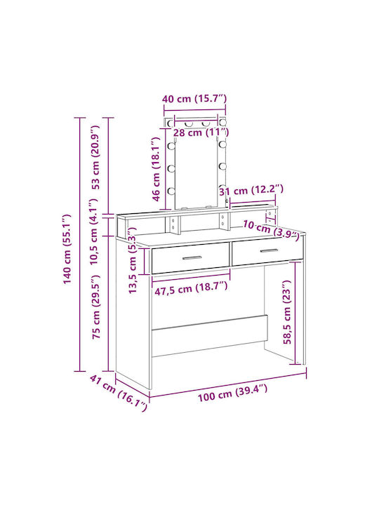 Wooden Makeup Dressing Table White MDF with Mirror 100x41x140cm