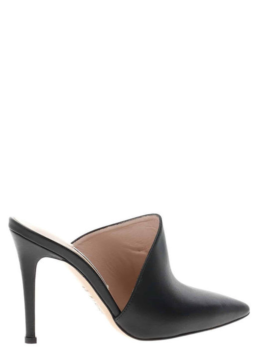 Leather Mules with High Heel in Black Color