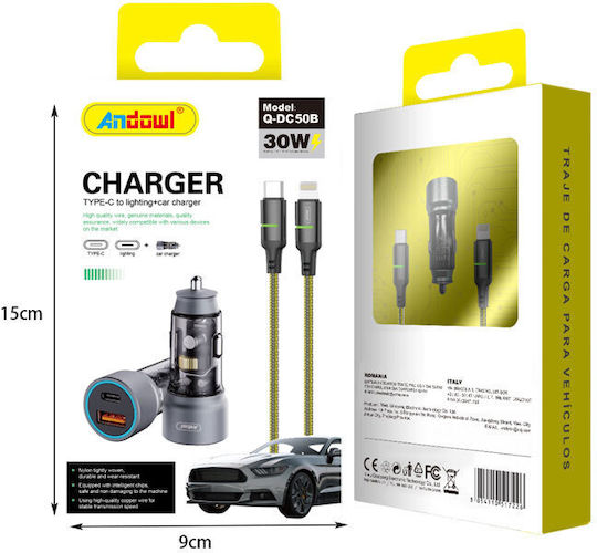 Andowl Q-dc50b Car Charger with Ports: 1xUSB 1xType-C with Cable Type-C