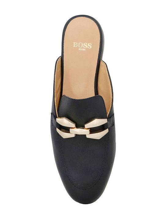 Flat Leather Mules in Black Color