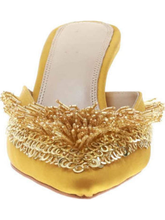 Satin Mules with Low Heel in Yellow Color