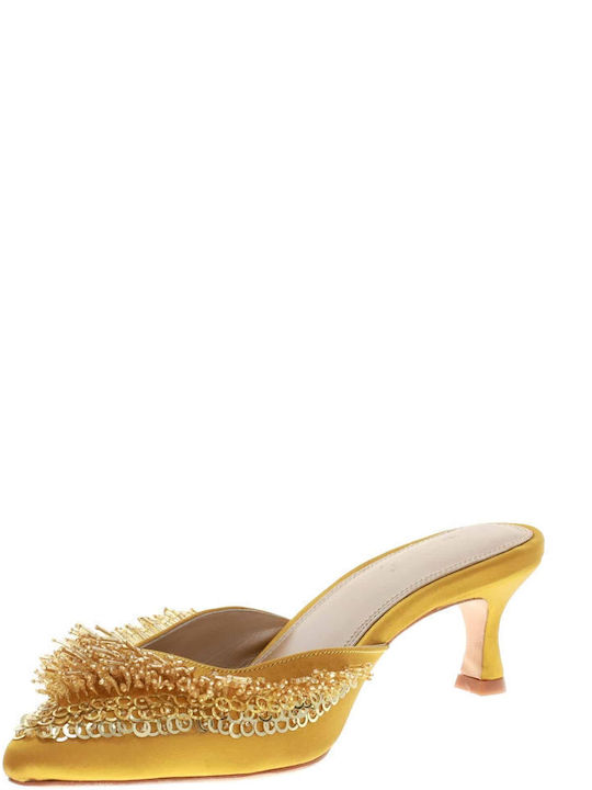 Satin Mules with Low Heel in Yellow Color