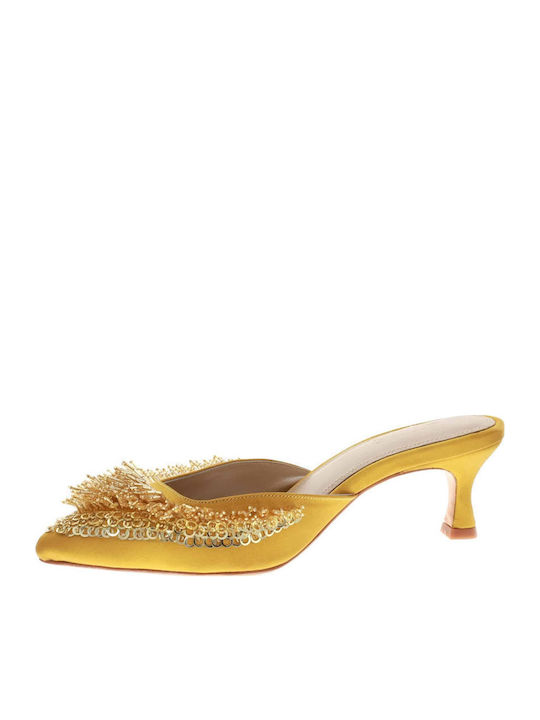 Satin Mules with Low Heel in Yellow Color