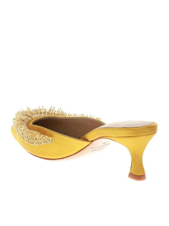 Satin Mules with Low Heel in Yellow Color