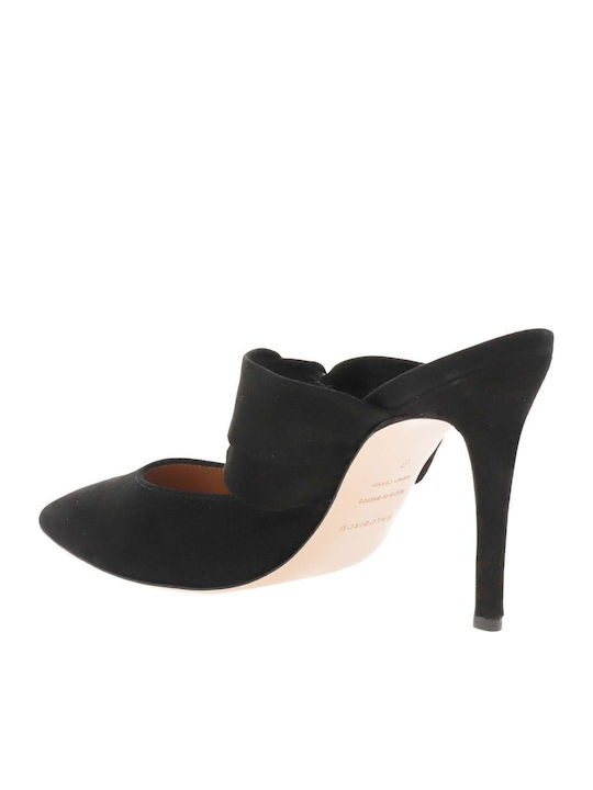 Suede Mules με Ψηλό Τακούνι σε Μαύρο Χρώμα