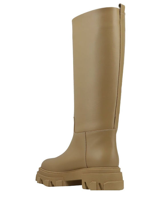 Leather Medium Heel Women's Boots Beige