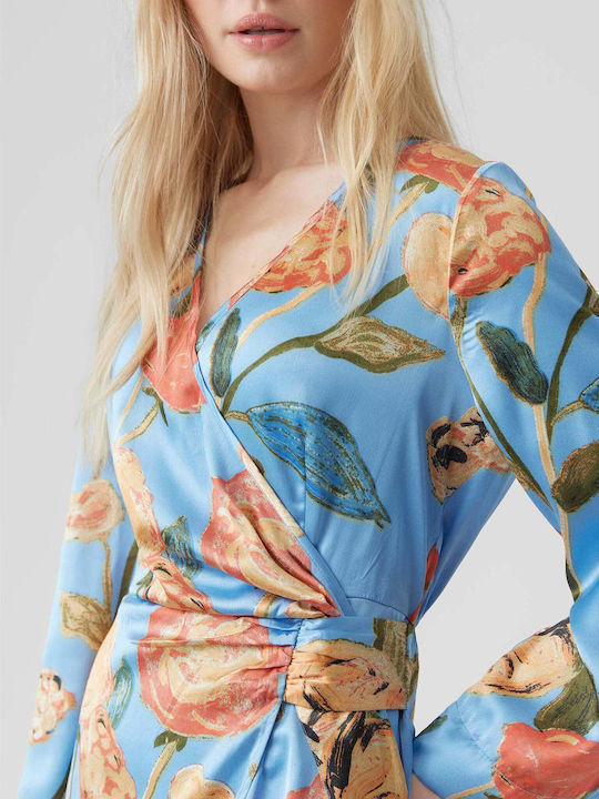 Renee Noa Summer Mini Evening Dress Satin Wrap Light Blue