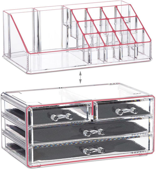 Relaxdays Organizator Cosmetice Cu 4 Sertare Transparent Roz 24x19x13.5cm