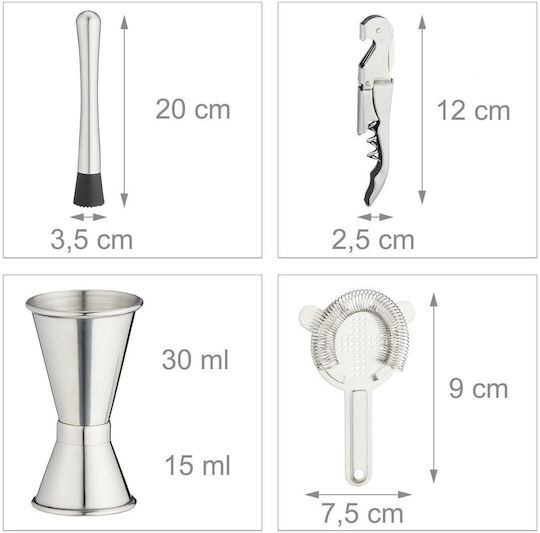 Relaxdays 16-piece Cocktail Shaker Set Stainless Steel Bamboo Base Silver Natural