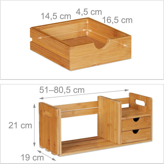 Organizator extensibil pentru birou, raft pentru cărți, 2 sertare, bambus, 21 x 51, 80.5 x 19 cm