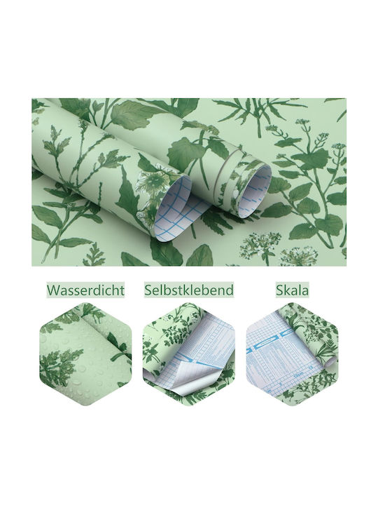 Self-adhesive Waterproof Wallpaper Green Flowers Leaves Pattern 44x300cm