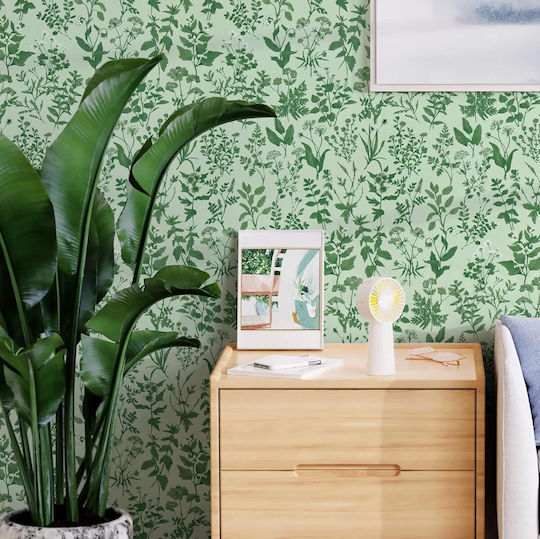 Self-Adhesive Waterproof Wallpaper Green Flowers Leaves Pattern 44x300cm
