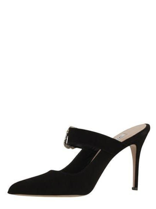 Leather Mules with High Heel in Black Color