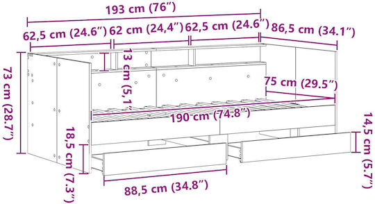 Canapea Pat Simplu Din Lemn Maro Cu Plăci Pentru Saltea 75x190cm