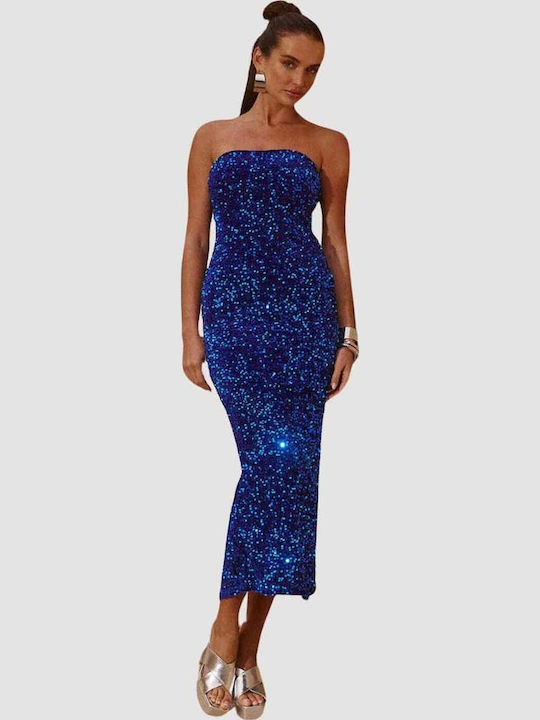 Καλοκαιρινό Midi Βραδινό Φόρεμα Strapless Μπλε