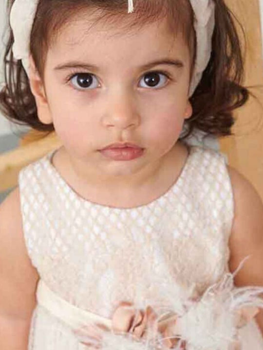 Bonito Baby Beige Baptism Clothing Set with Hair Accessories & Dress made of Tulle 2pcs