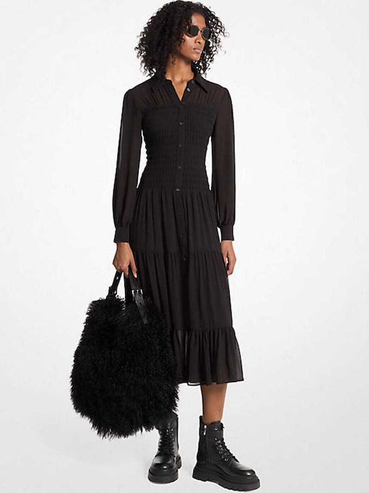 Midi Shirt Dress with Ruffles Black