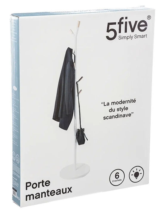 5Five Metallic Coat Rack White With 6 Wooden Hooks 40x40x175.5cm