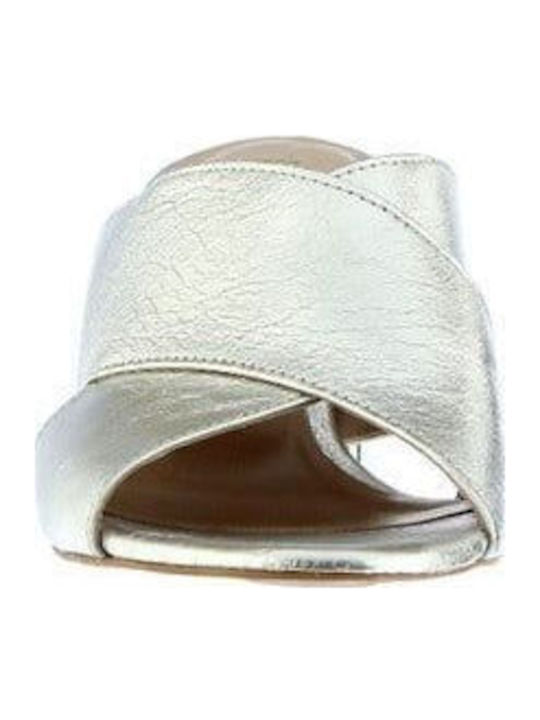 Leder Mules mit Absatz in Silber Farbe