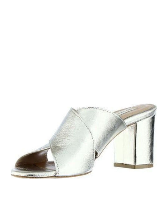 Leder Mules mit Absatz in Silber Farbe