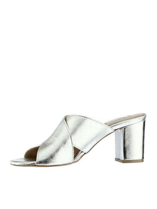 Leder Mules mit Absatz in Silber Farbe