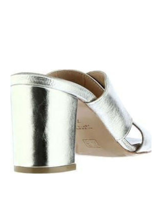 Leder Mules mit Absatz in Silber Farbe
