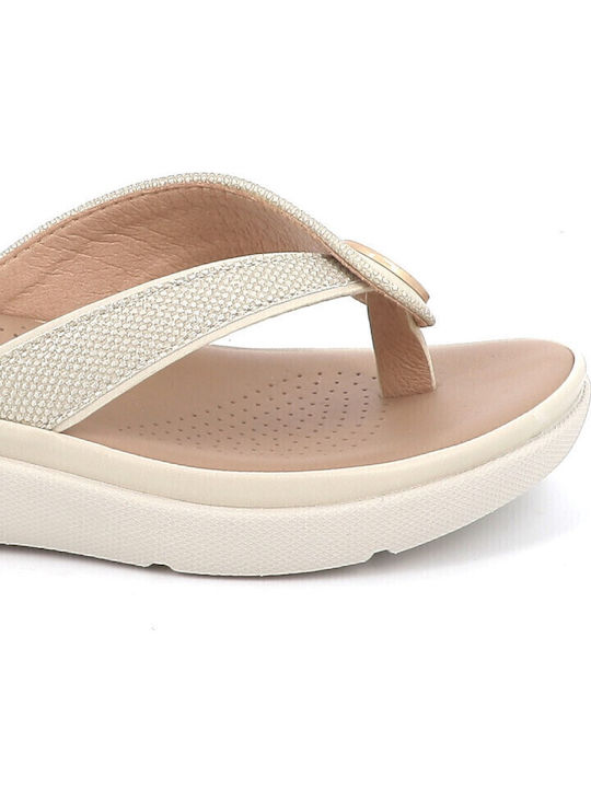Leder Flache Sandalen für Damen in Ecru Farbe