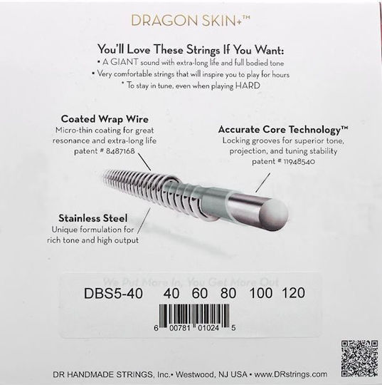 Струни Dr Strings Dragon Skin+ Dbs5-40 с покритие от неръждаема стомана за 5-струнна електрическа бас китара 040-.120 Light Long Scale