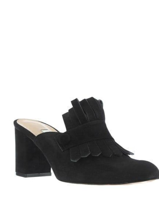 Leather Mules with Heel in Black Color