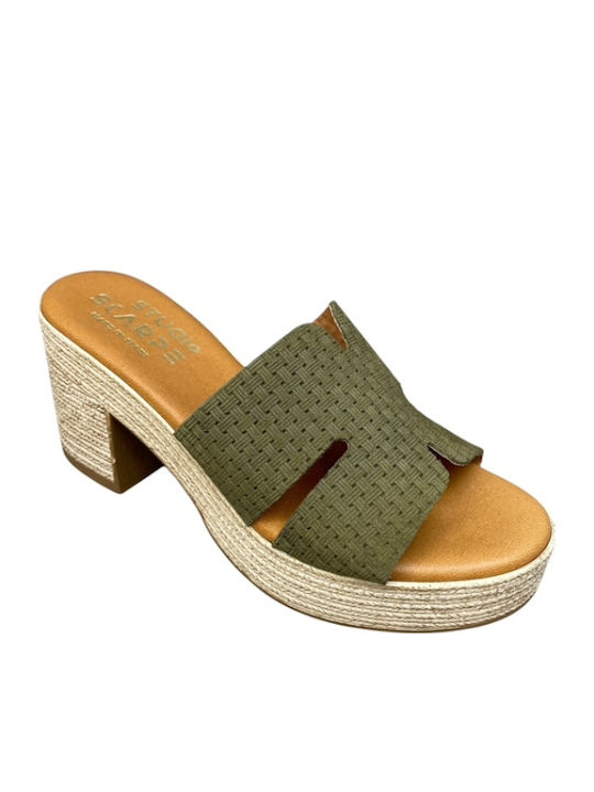 Leather Mules with Heel in Green Color
