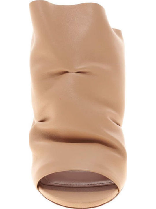 Δερμάτινα Mules με Ψηλό Τακούνι σε Μπεζ Χρώμα