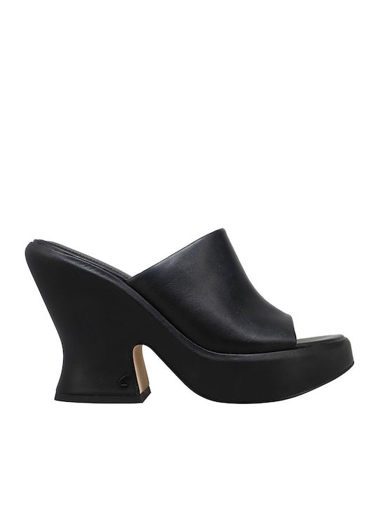 Leather Mules with Chunky Heel in Black Color
