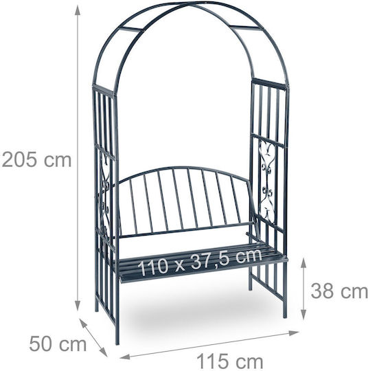 Arcadă Metalică de Grădină pentru Flori Cățărătoare Bancă 2 Persoane Antracit Dimensiuni 205 X 115 X 50 Cm Relaxdays
