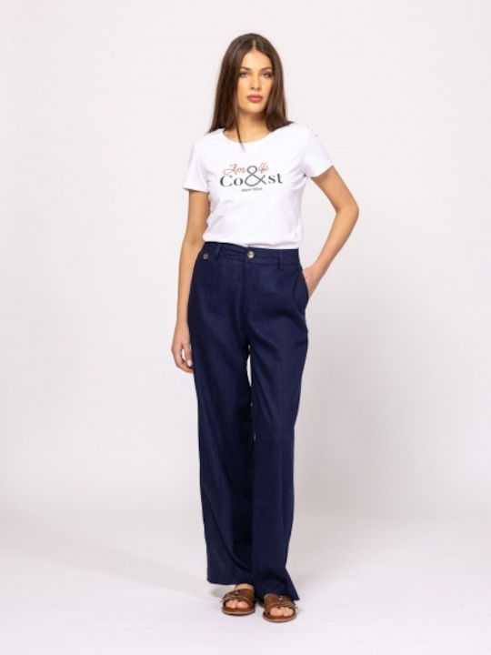Damen Stoff Hose Gestreift Navy