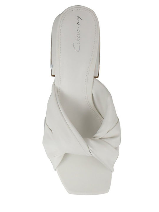 Leather Mules with Chunky Heel in White Color