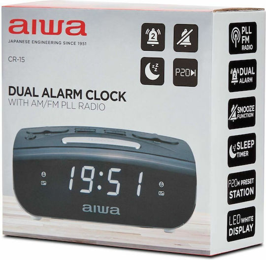 Aiwa Επιτραπέζιο Ψηφιακό Ρολόι LED με Ξυπνητήρι & Ραδιόφωνο Μαύρο CR-15