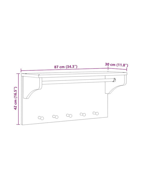 vidaXL Wooden Wall Hanger 5 Hooks Brown 87x30cm