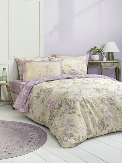 Nima Sheet Sets Queen with Elastic 160x200+32cm. Tiare Beige, Lilac 4pcs