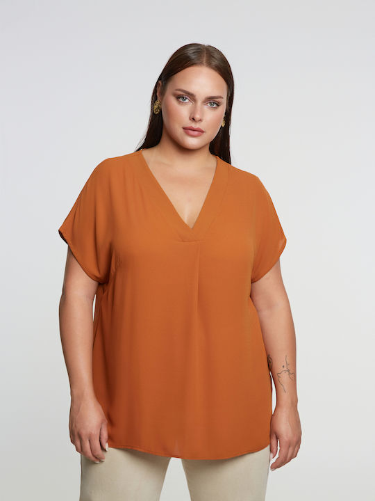 Women's Blouse Short Sleeve with V Neckline Brown
