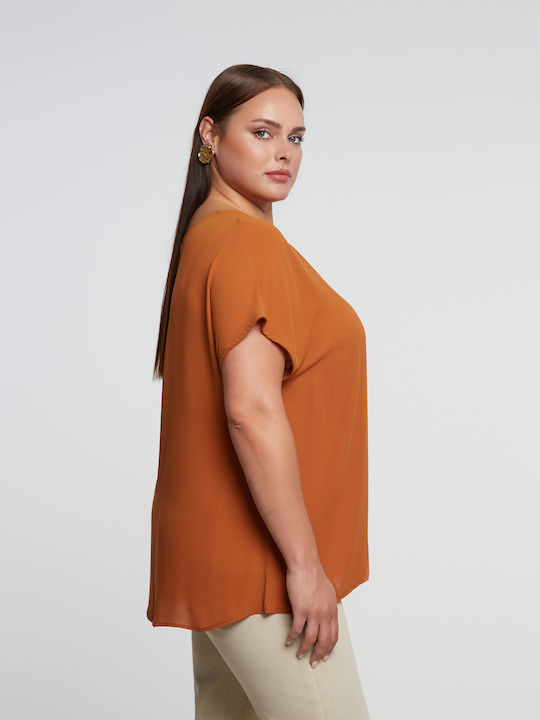 Women's Blouse Short Sleeve with V Neckline Brown