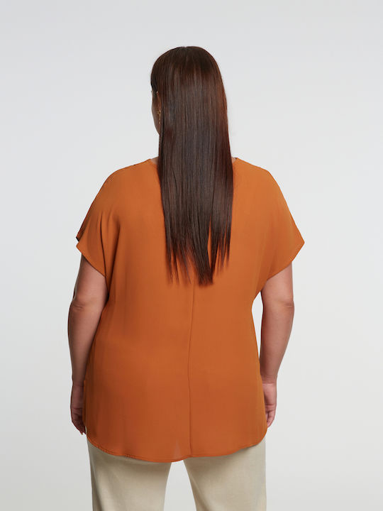 Women's Blouse Short Sleeve with V Neckline Brown