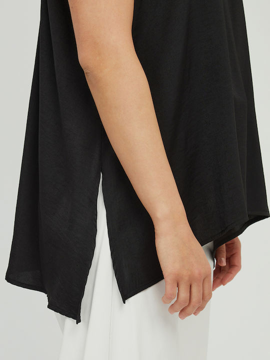 Bluza Damă Satin Fără Mâneci cu Decolteu în V Neagră