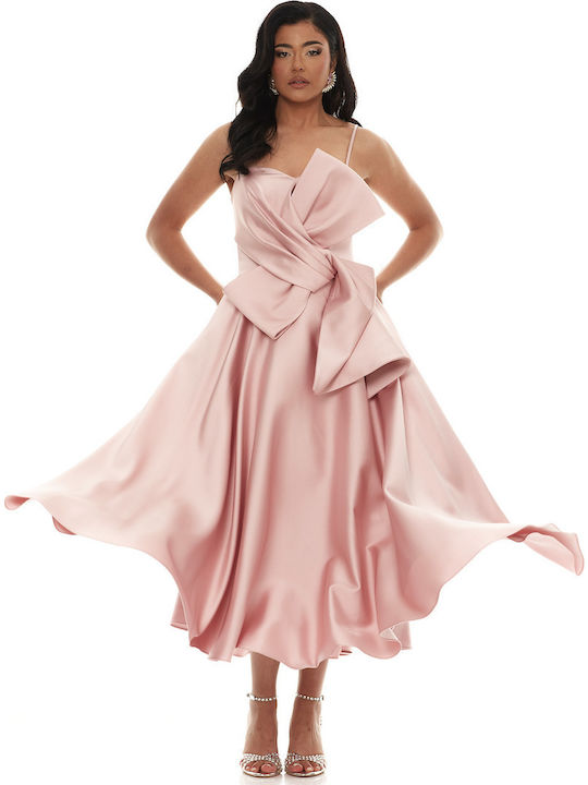 Summer Midi Dress for Wedding Christening Satin Pink