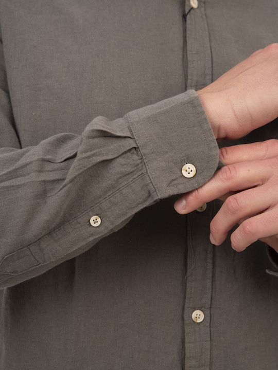 Long Sleeve Linen Shirt In Regular Fit Olive