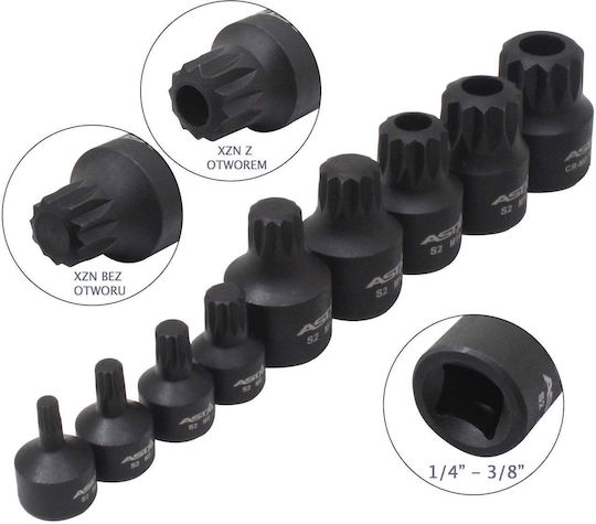 Set of XZN Bit Sockets M4-M18 Impact Type 1/4 3/8 9 Pieces