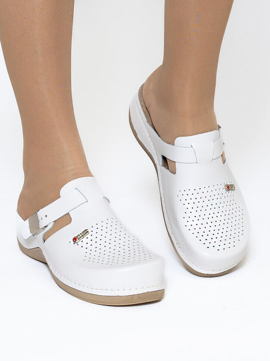 Leon Damen Leder Anatomisch Clogs Weiß