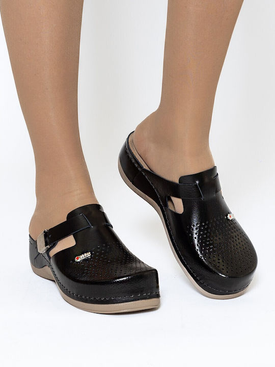 Leon Damen Leder Anatomisch Clogs Schwarz