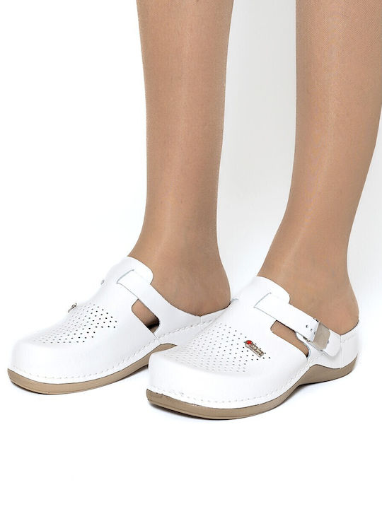 Leon Damen Leder Anatomisch Clogs Weiß